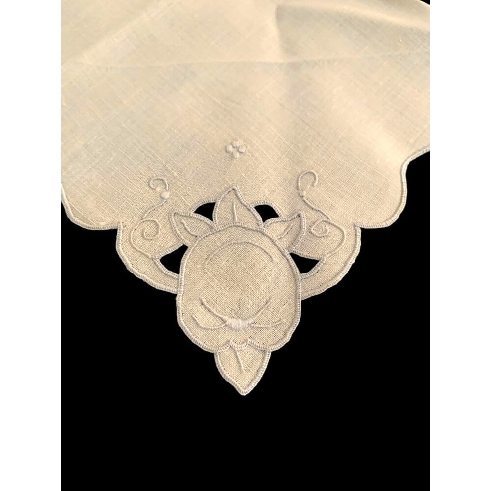 6 Ivory/Taupe Hand Embroidered MADEIRA  Cutwork Linen Napkins NOS w Stickers